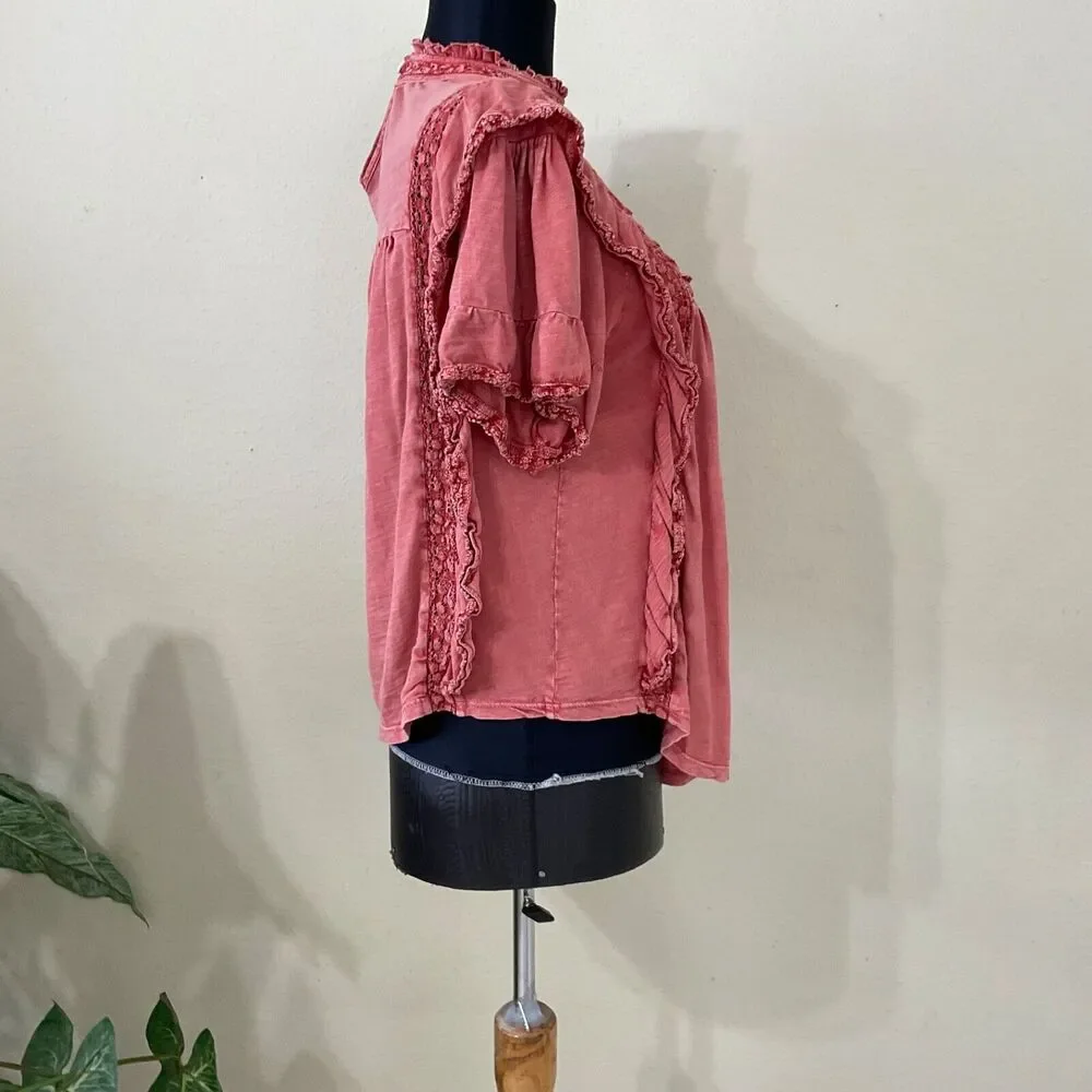 Free People Le Femme Top Babydoll XS Sun washed red ruffle BOHO Peasant blouse